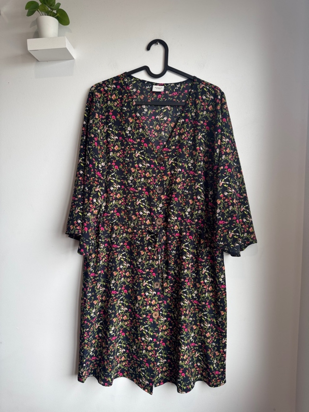 Floral Button-Front V-Neck Dress - Black with Pink & Green
